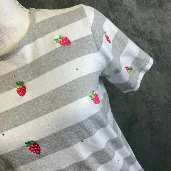 Quacker Factory striped strawberry and rhinestone T-shirt women’s size S - Picture 3 of 8